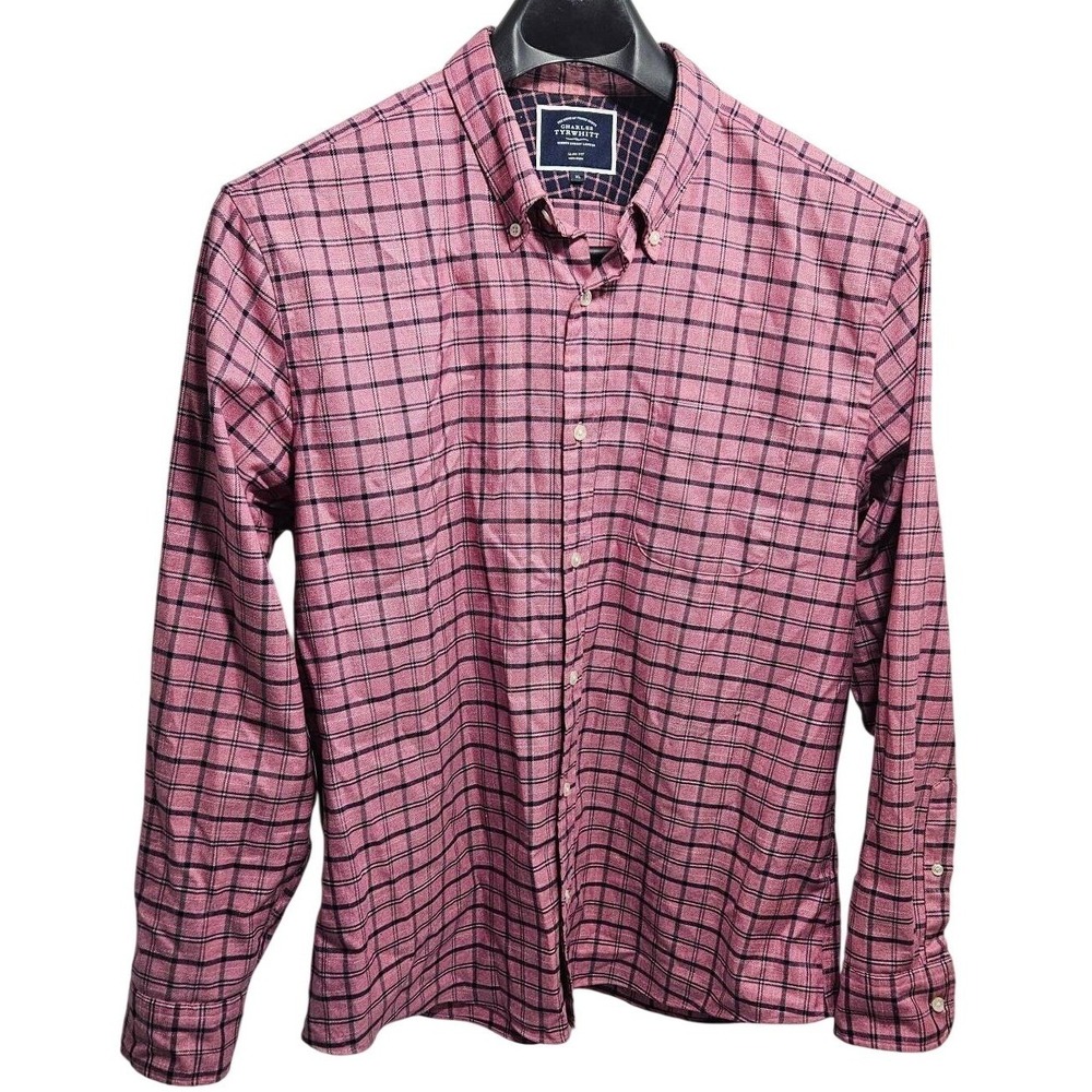 Charles Tyrwhitt Mens XL Slim Fit Non-Iron Pink Check Button Down Shirt Long Slv